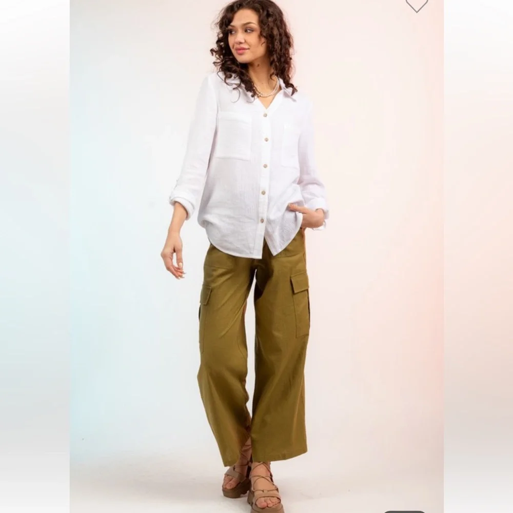 High Waisted Woven Draw String Wide Leg Cargo Pants - Picture 5 of 6